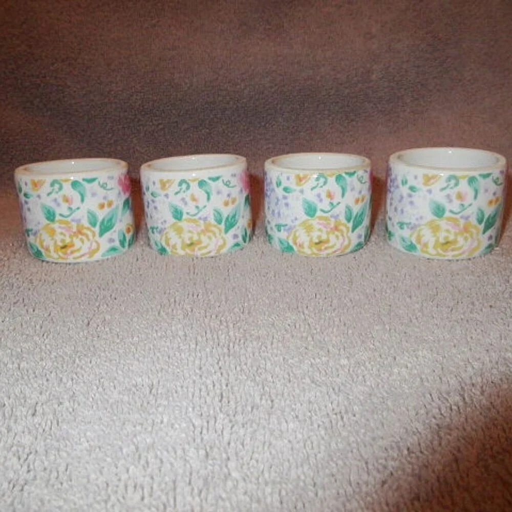 Vintage Set Of 4 Audrey Floral Napkin Rings Cottagecore Porcelain Reversible